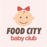 Image of a baby with a red bow on her head with the text Food City baby club below it