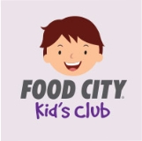 Image of a boy smiling with the text Food City Kid's club below it